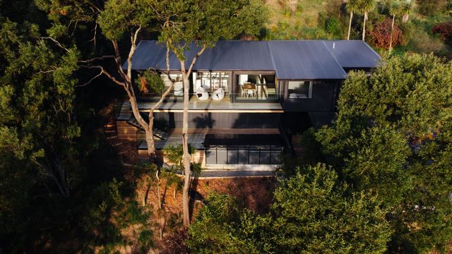 Modern, dark-colored house nestled among trees; glass walls, deck, and black roof.