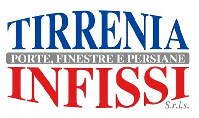 Logo di Tirrenia Infissi, azienda italiana. Testo blu "TIRRENIA" su scritta rossa "INFISSI". Testo grigio al centro.