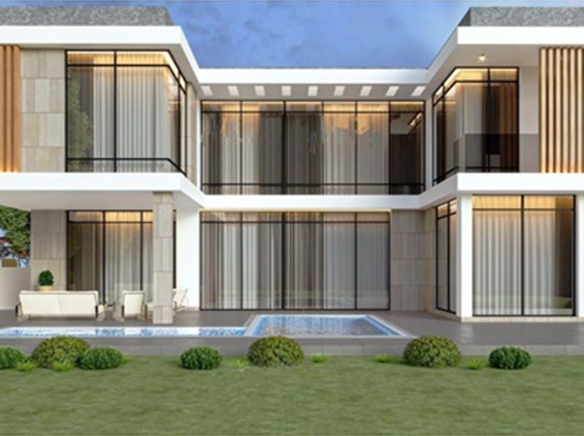 Modern two-story home with floor-to-ceiling windows, a pool, and a manicured lawn. White exterior with gray accents and landscaping.