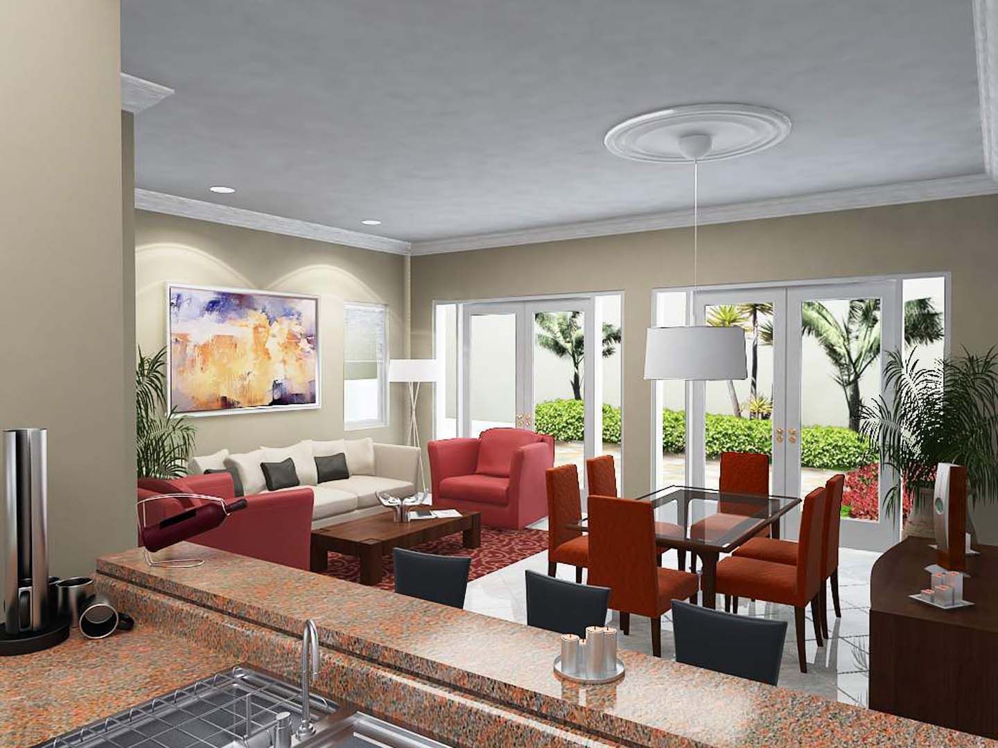 Open-concept living space with dining area, red accents, and patio doors.