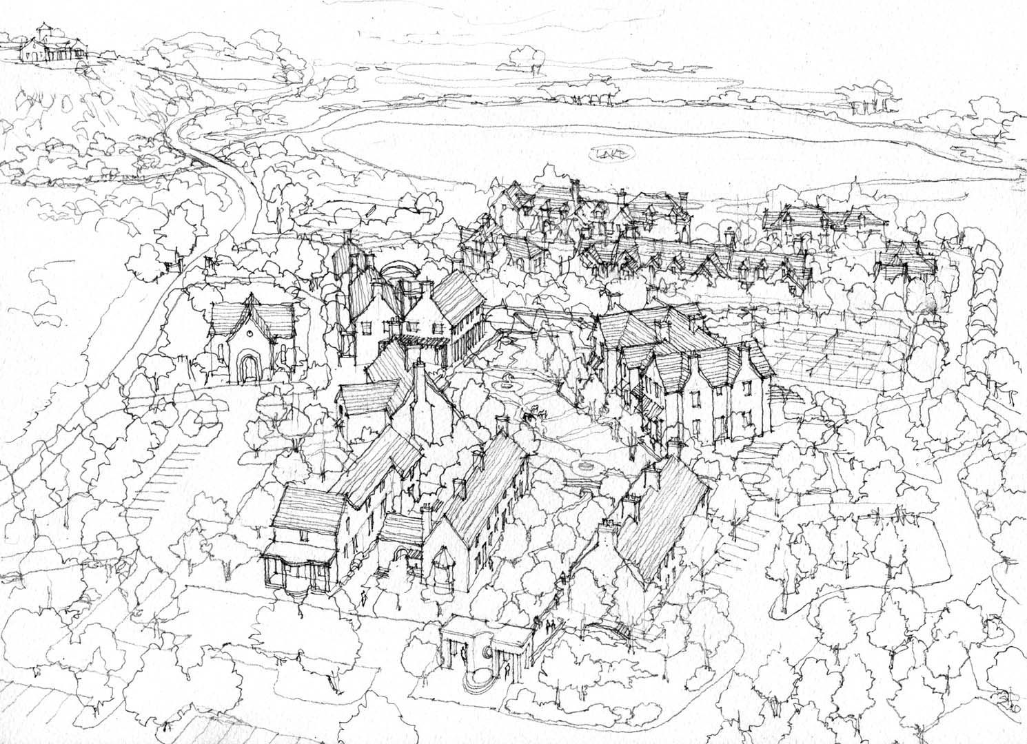 Pen and ink drawing of a village nestled in a valley, trees and a body of water in the background.