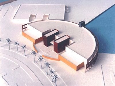 Architectural model of a semi-circular building with two dark block structures, surrounded by palm trees and a pool.