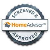 HomeAdvisor screened and approved badge, blue and white, with logo and text.
