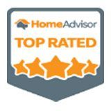 HomeAdvisor Top Rated badge with orange stars and text on a gray background.