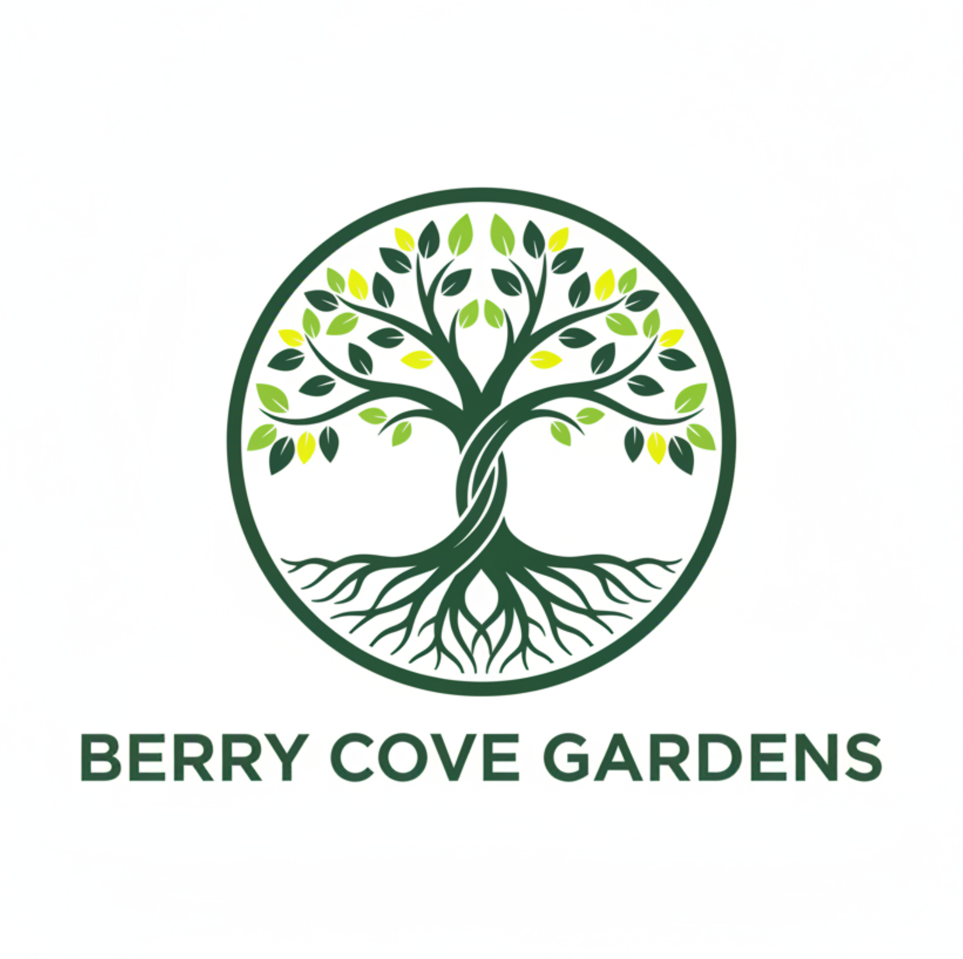 Berry Cove Gardens logo with green tree and roots inside a circle