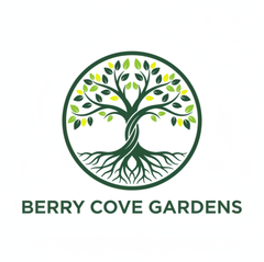 Berry Cove Gardens logo with green tree and roots inside a circle