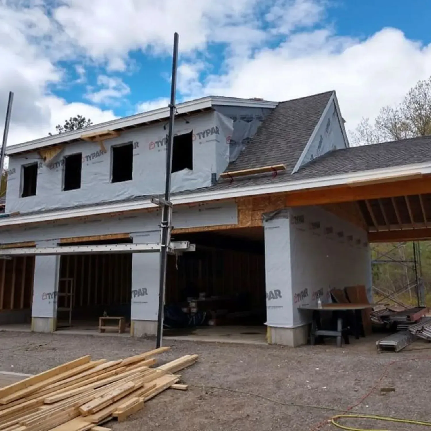 A house that is being built with styrofoam on the walls