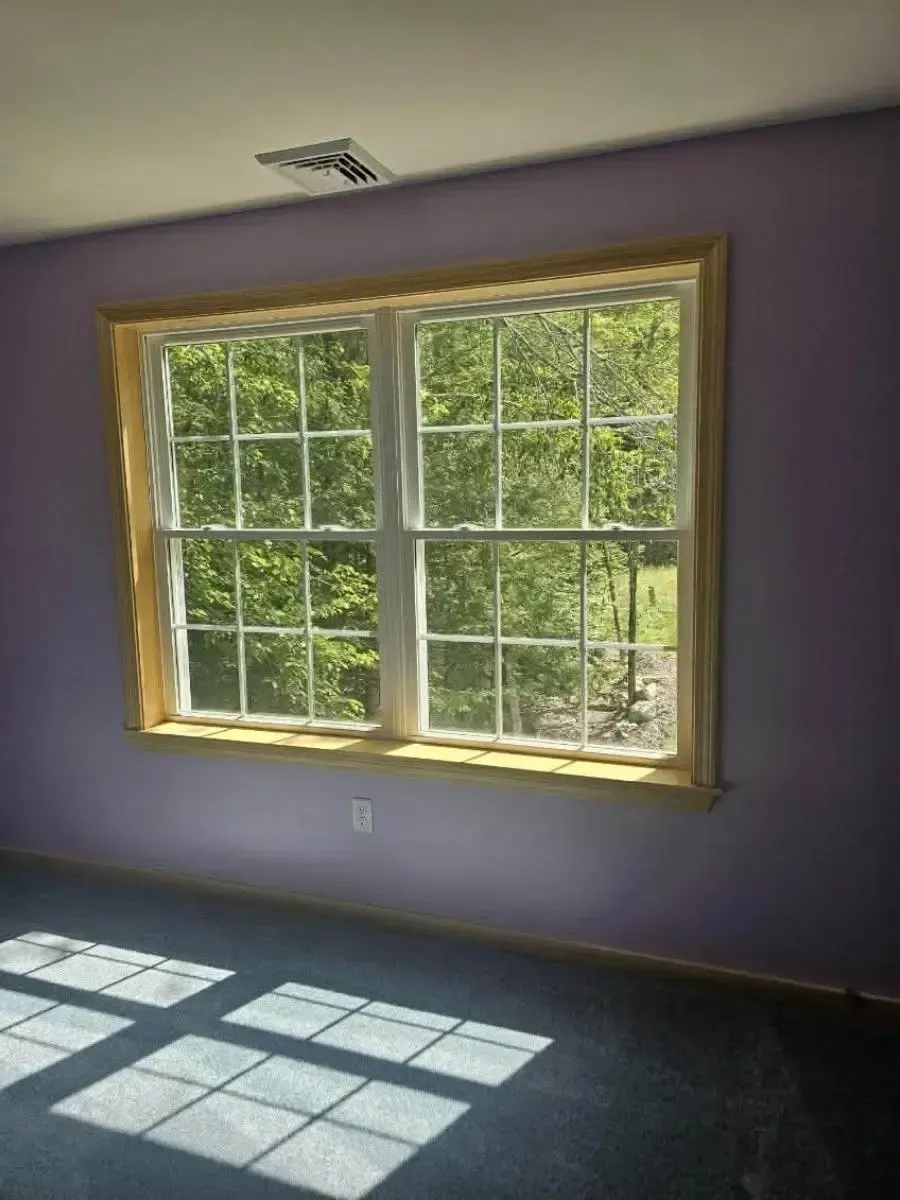 Sunlit empty room with purple walls, a large window, and light patterned on the carpet.