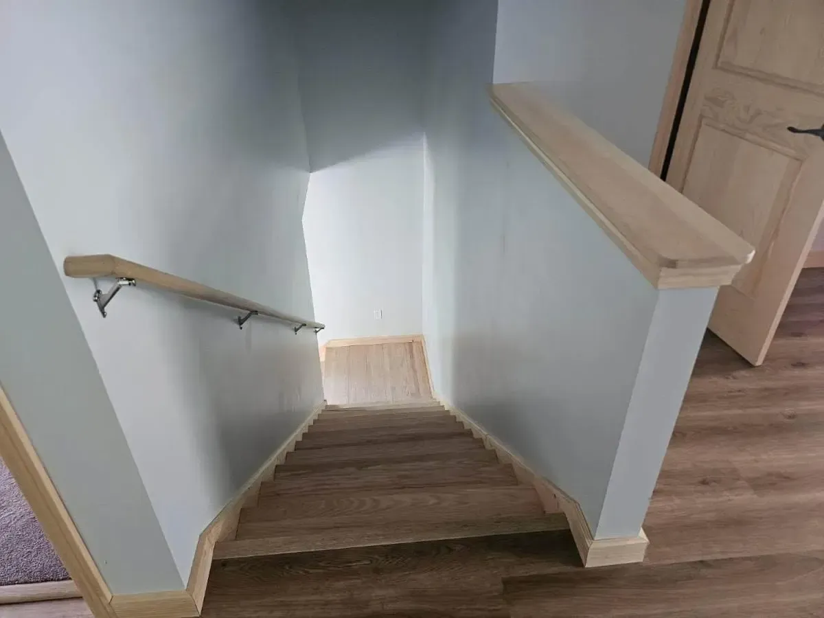 Narrow carpeted staircase with light blue walls and wooden handrails leading downward.