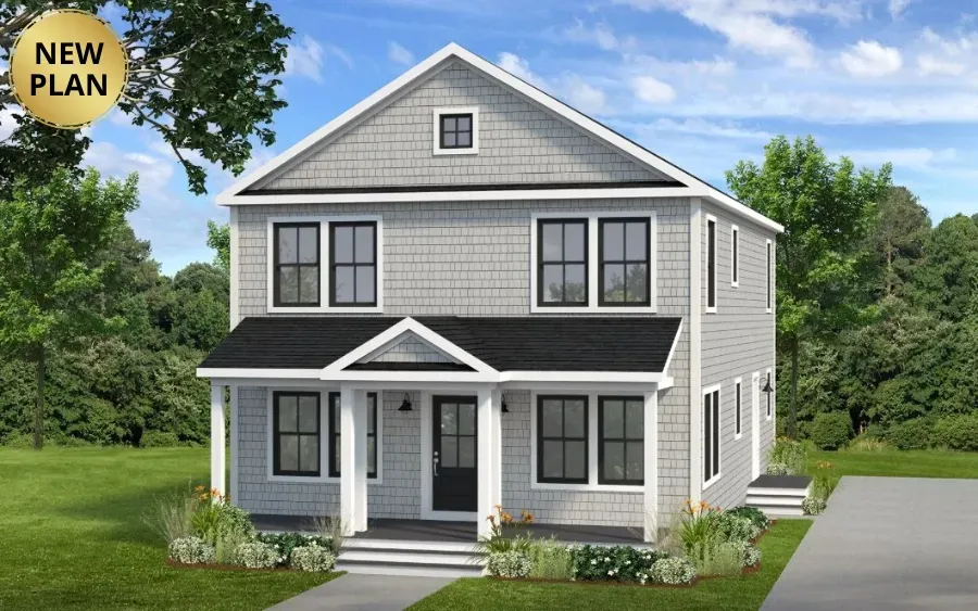 Two-story gray house with black accents, new plan, and green trees in the background.