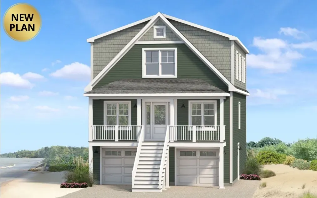 Green beach house plan with two garage doors and balcony.