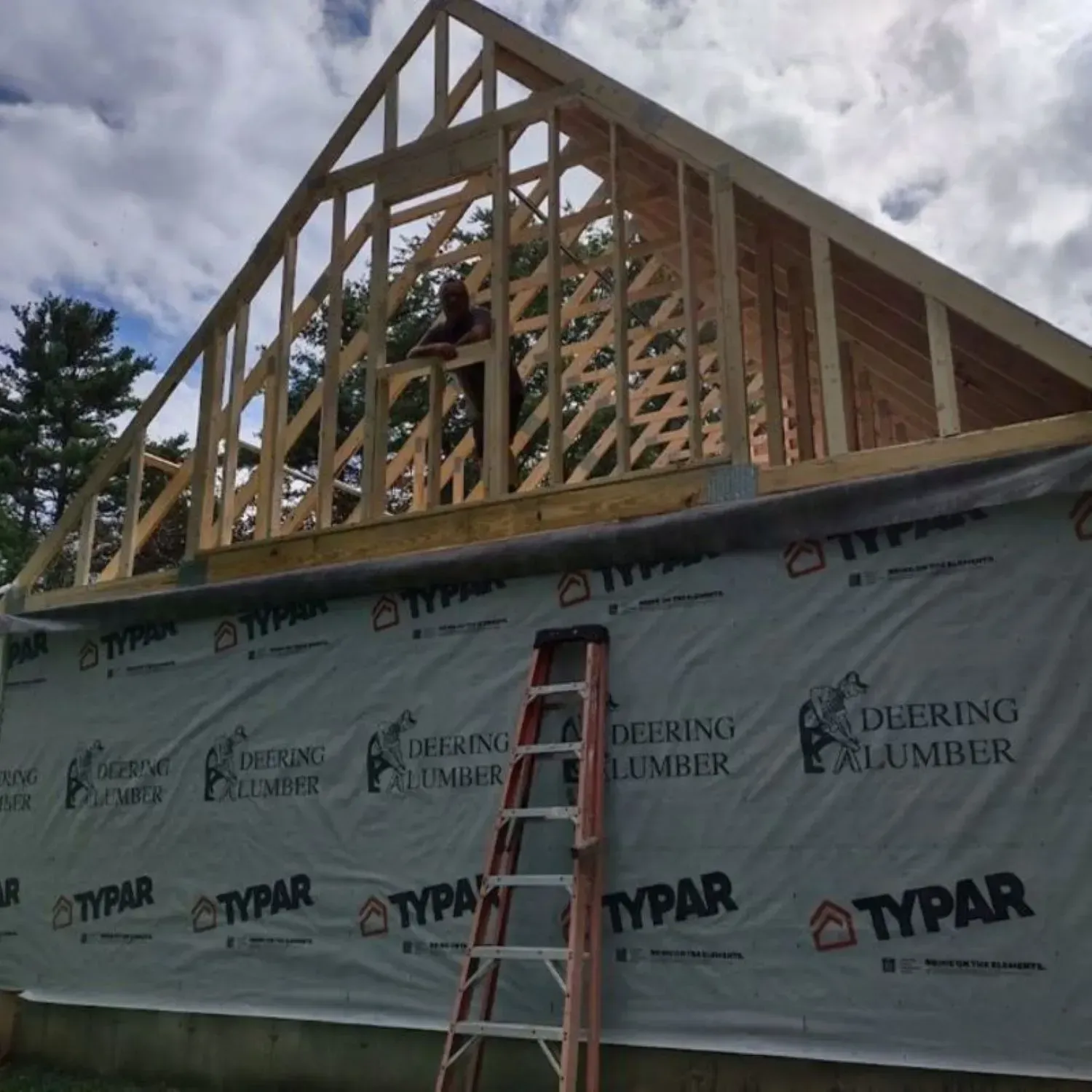 A ladder is on the side of a building under construction