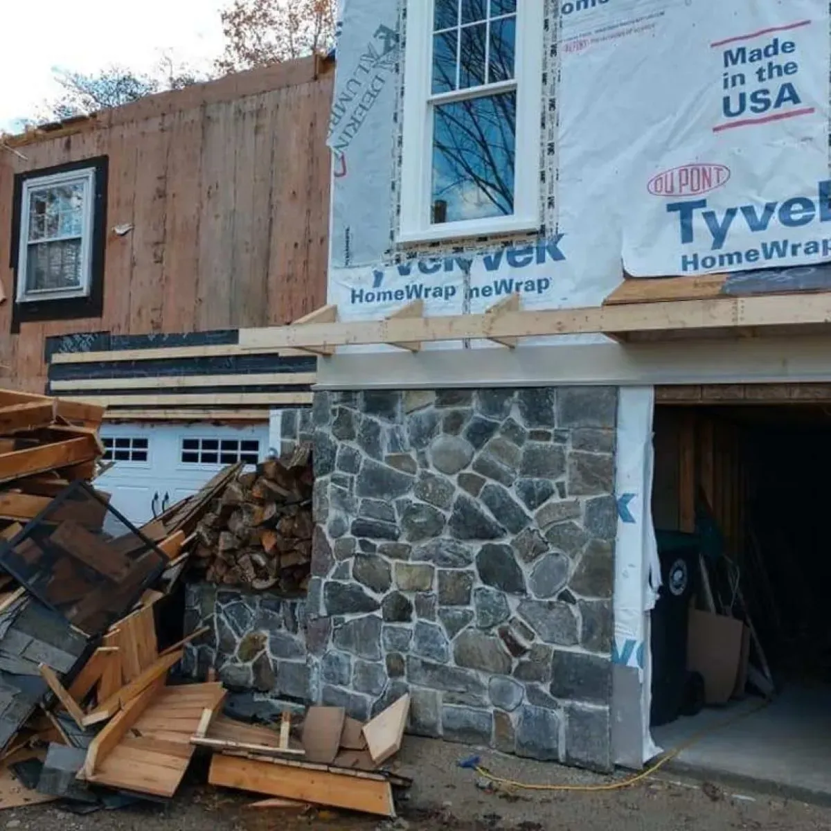 A building that is being remodeled with tyvek homewrap