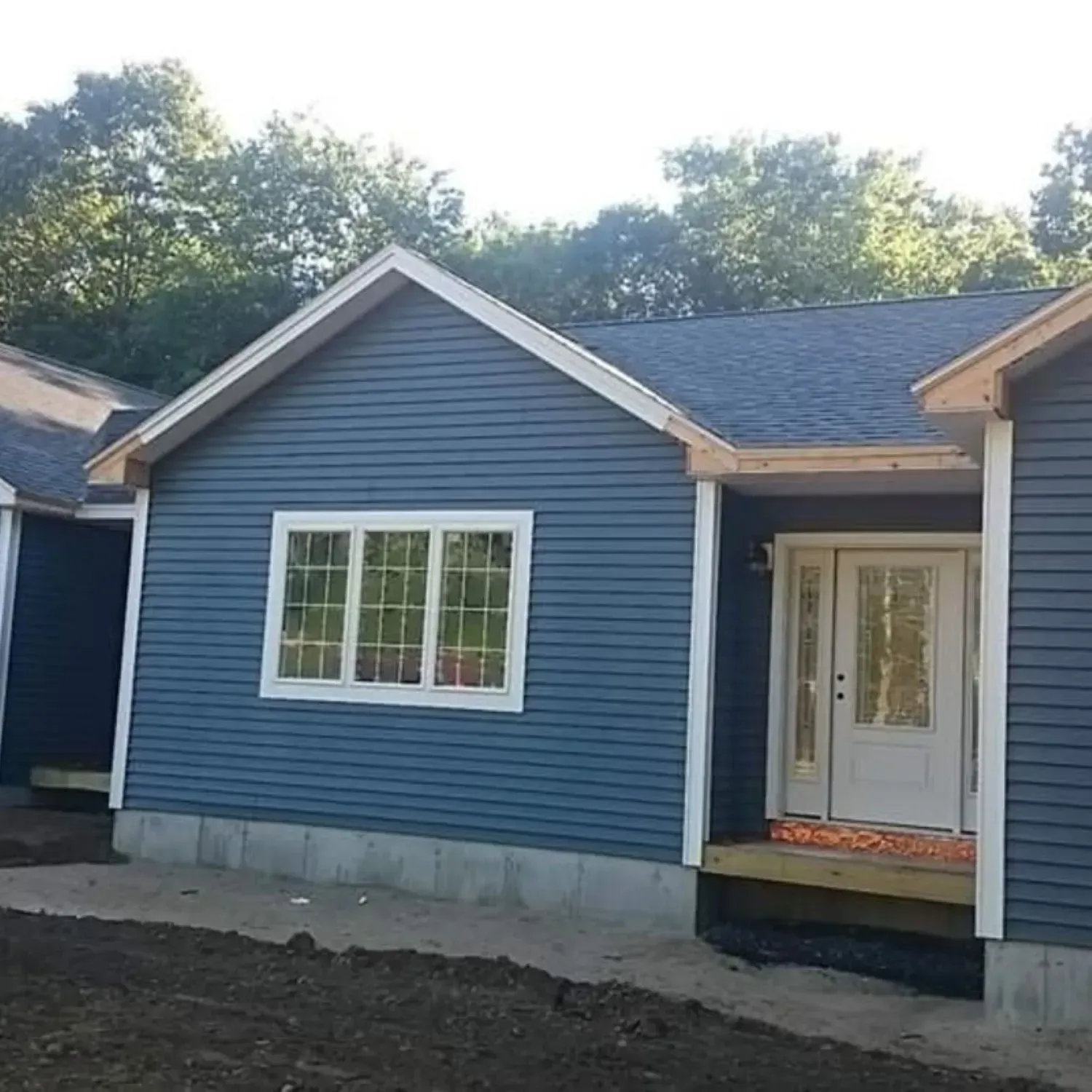 A blue house with a white door and windows