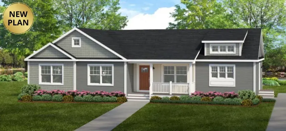 Exterior rendering of a gray and white house with a black roof and brown door;