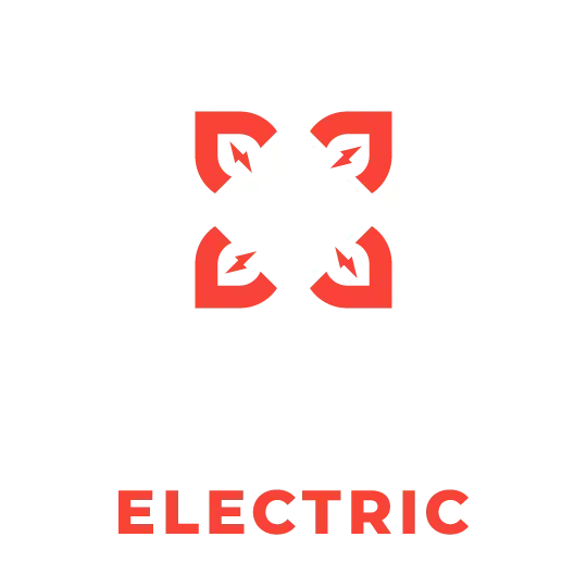 A red and white logo for electric with a white background.