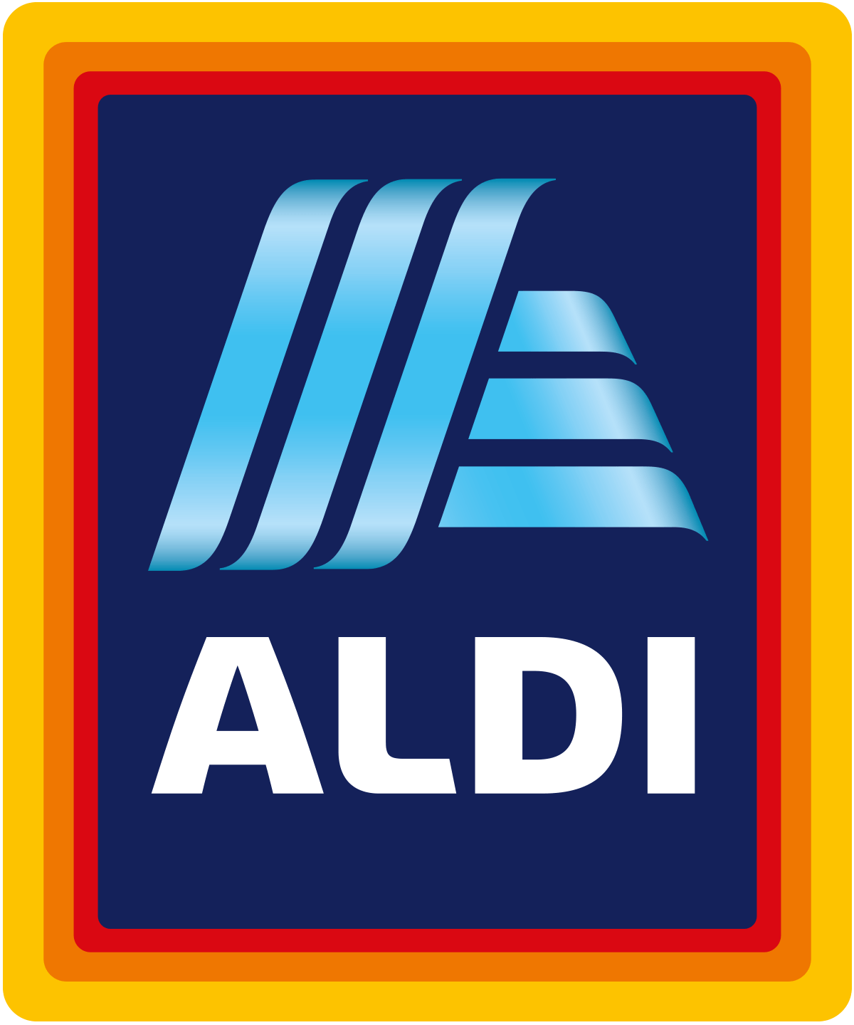 ALDI logo with blue background, light blue stripes, and white text in a red and yellow border