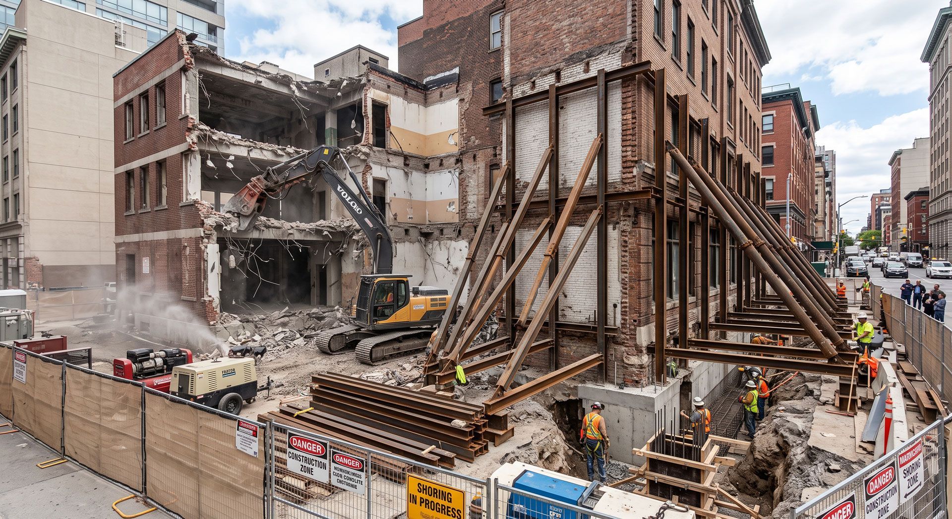 Construction site with building demolition, exposed steel supports, and rubble beside brick buildings.