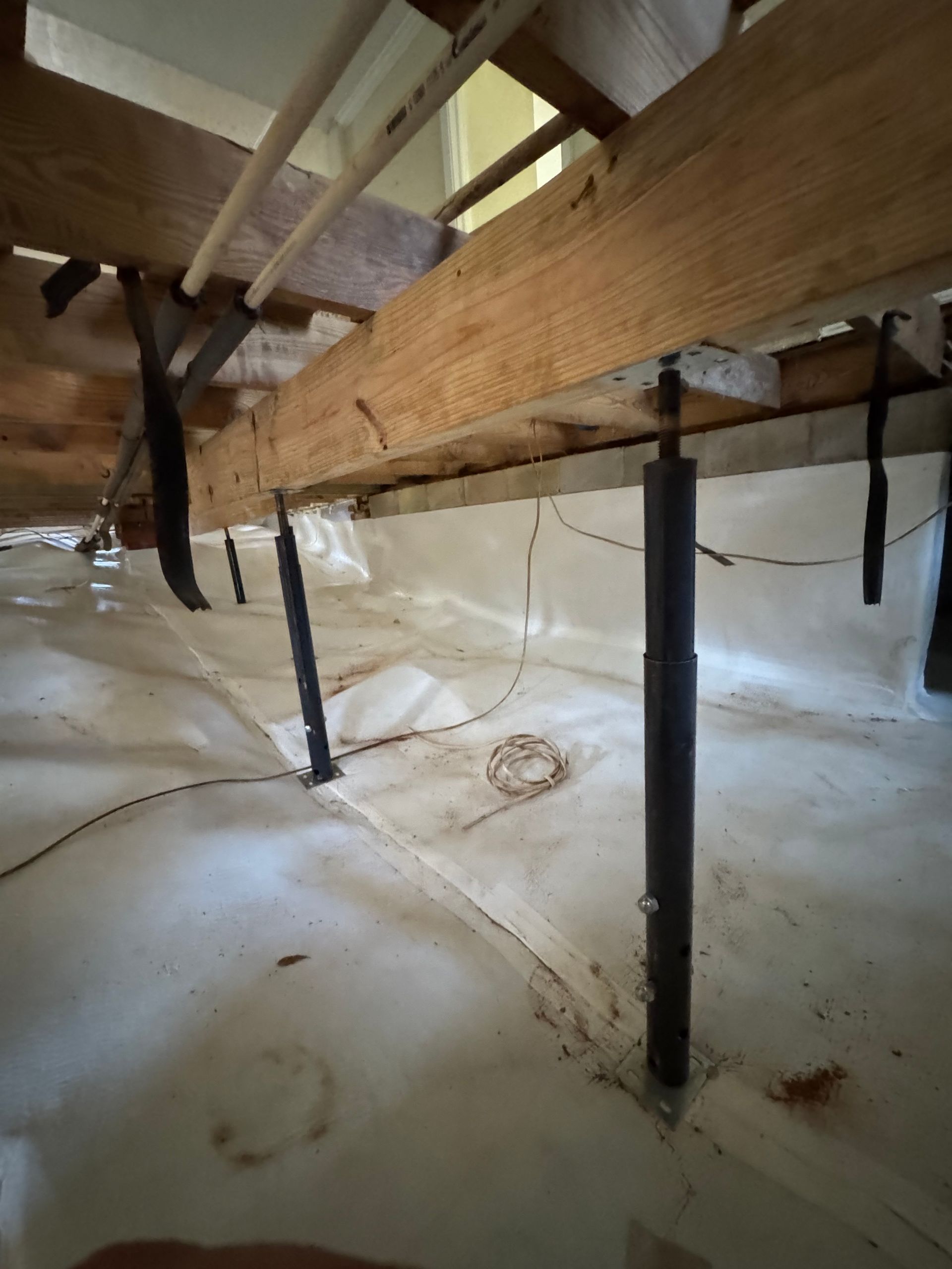 Crawlspace with white vapor barrier, wooden beams, and black support posts under a house