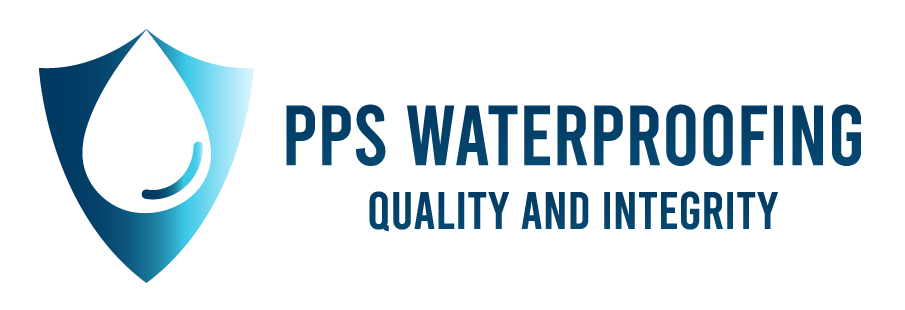 PPS Waterproofing Blue logo: Shield and water drop,