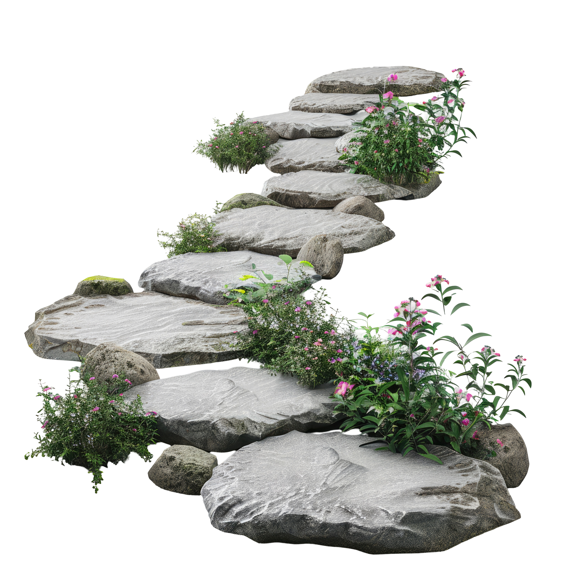 A stone walkway with flowers and plants on a white background.