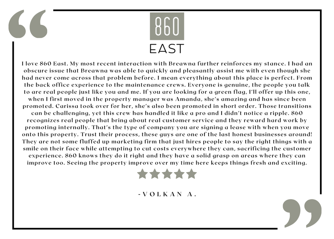 860 East resident testimonial graphic with logo and five-star review.