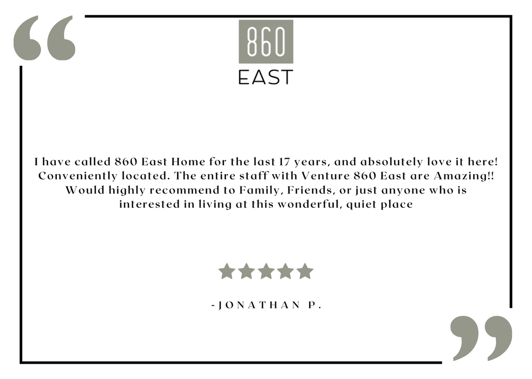 860 East resident testimonial graphic with logo and five-star review.