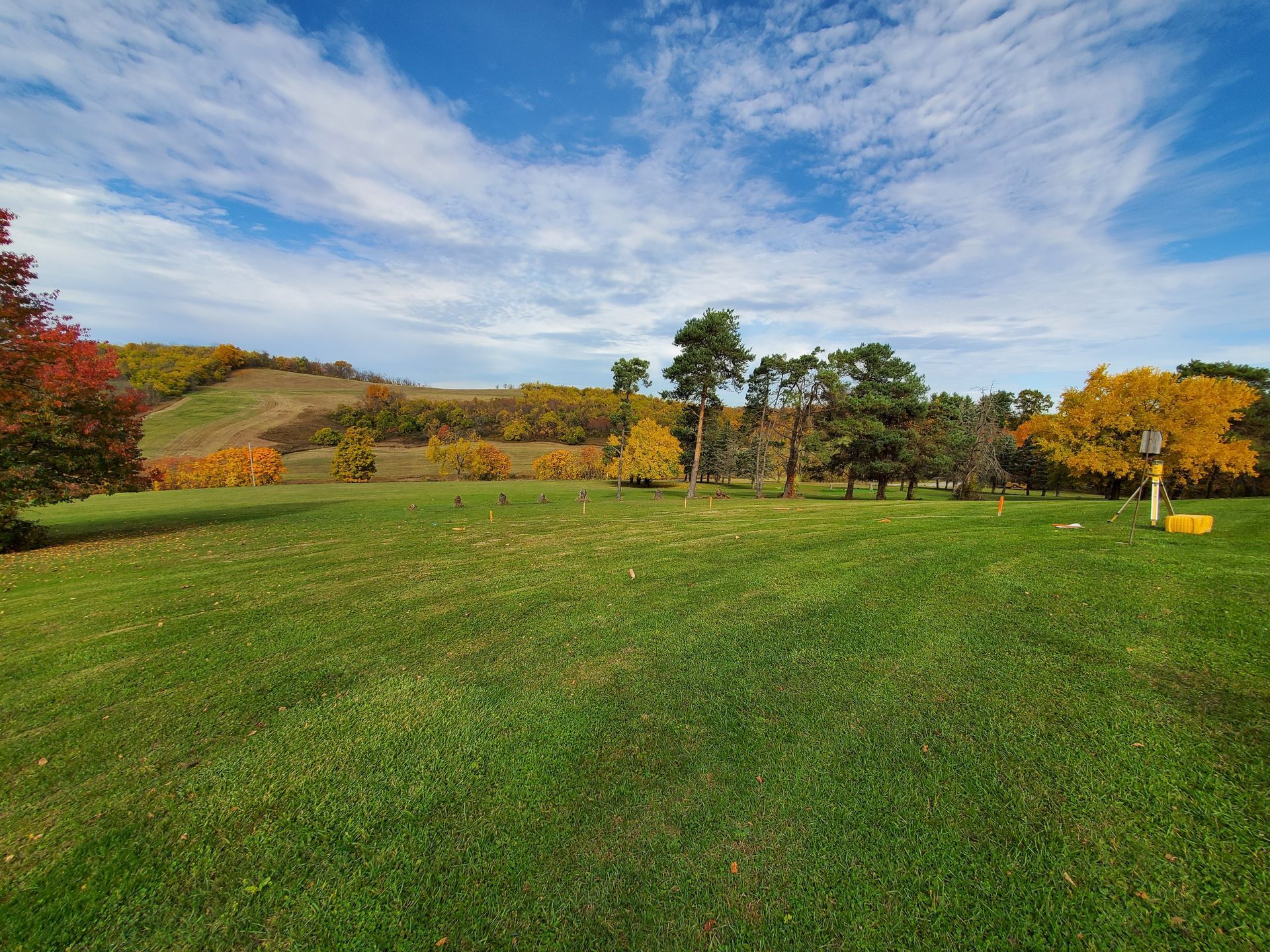 Green field with trees displaying autumn colors under a blue sky with clouds.
