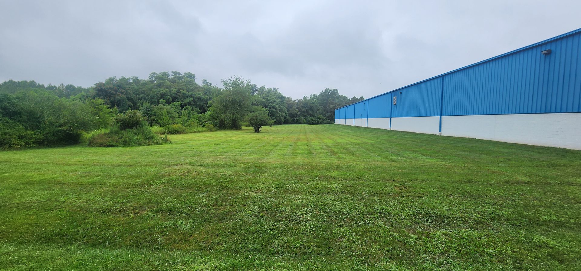 Green field next to a blue and white building, trees and cloudy sky in the background.