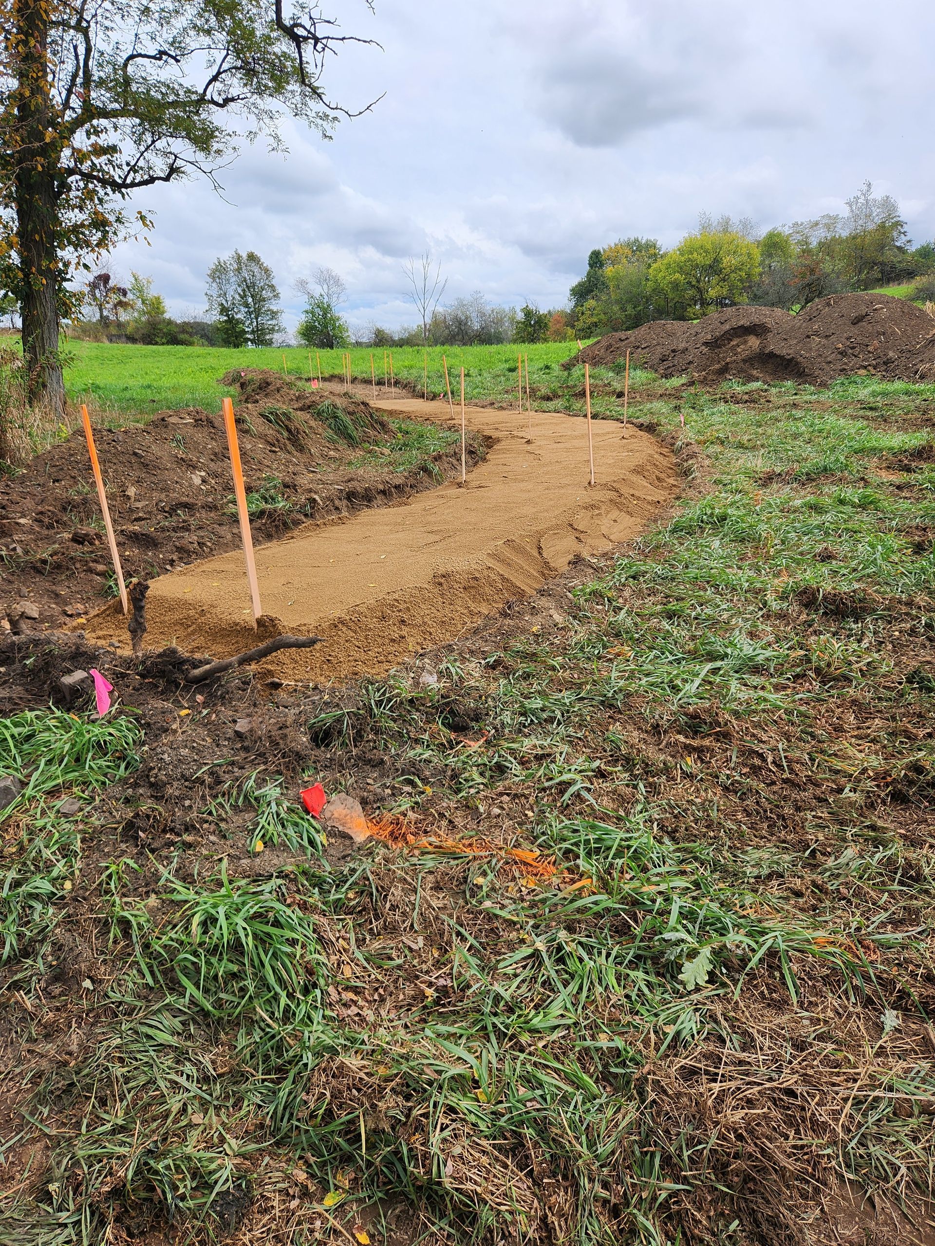 Dirt path under construction in a field, marked with orange and pink stakes, overcast sky.