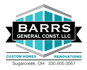 Logo for Barrs General Const. LLC: black text on black banner, teal/gray geometric shape.