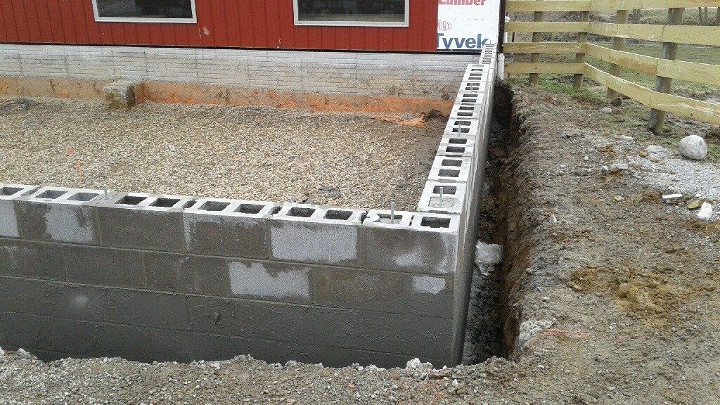 Foundation wall made of cinder blocks, under construction near a red building and gravel.