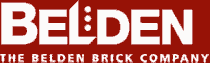 Logo for Belden Brick Company, white text on a red background. The text reads