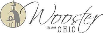 Logo of Wooster, Ohio. A stylized building inside a circle is to the left of