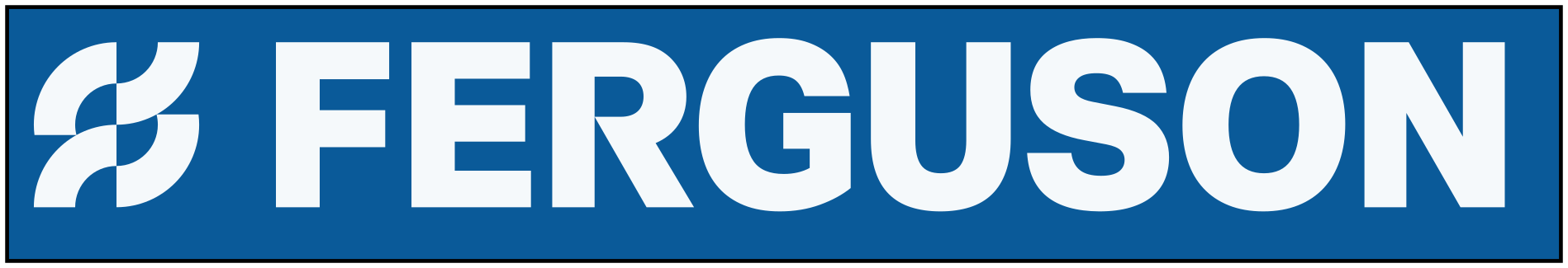 Ferguson logo in white text on a blue rectangular background. A stylized design is on the left side.