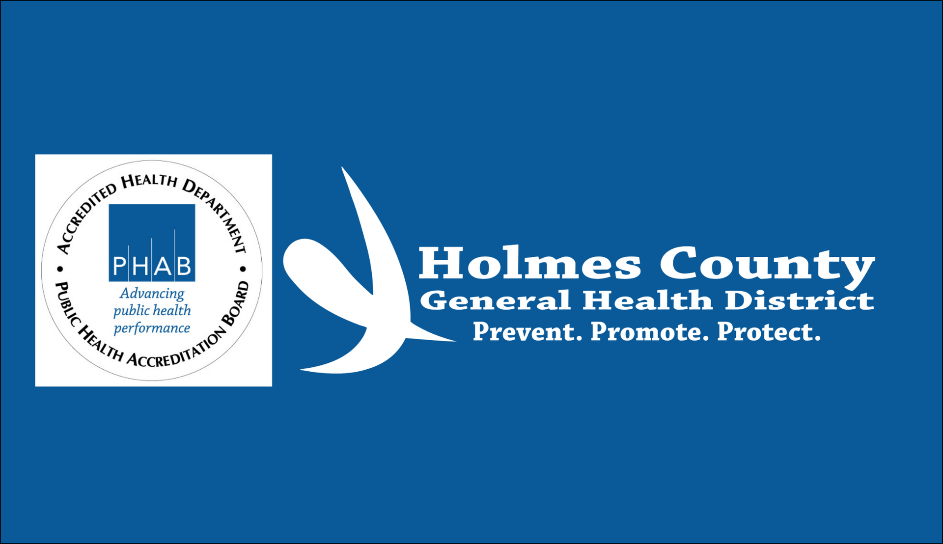 Logo of Holmes County General Health District. Blue background with a white logo and text.