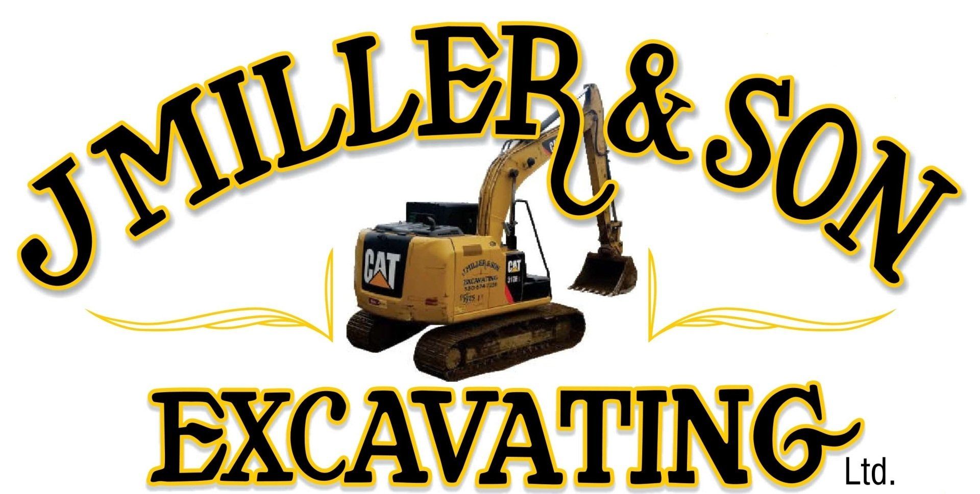 J Miller & Son Excavating logo: Yellow excavator, black text