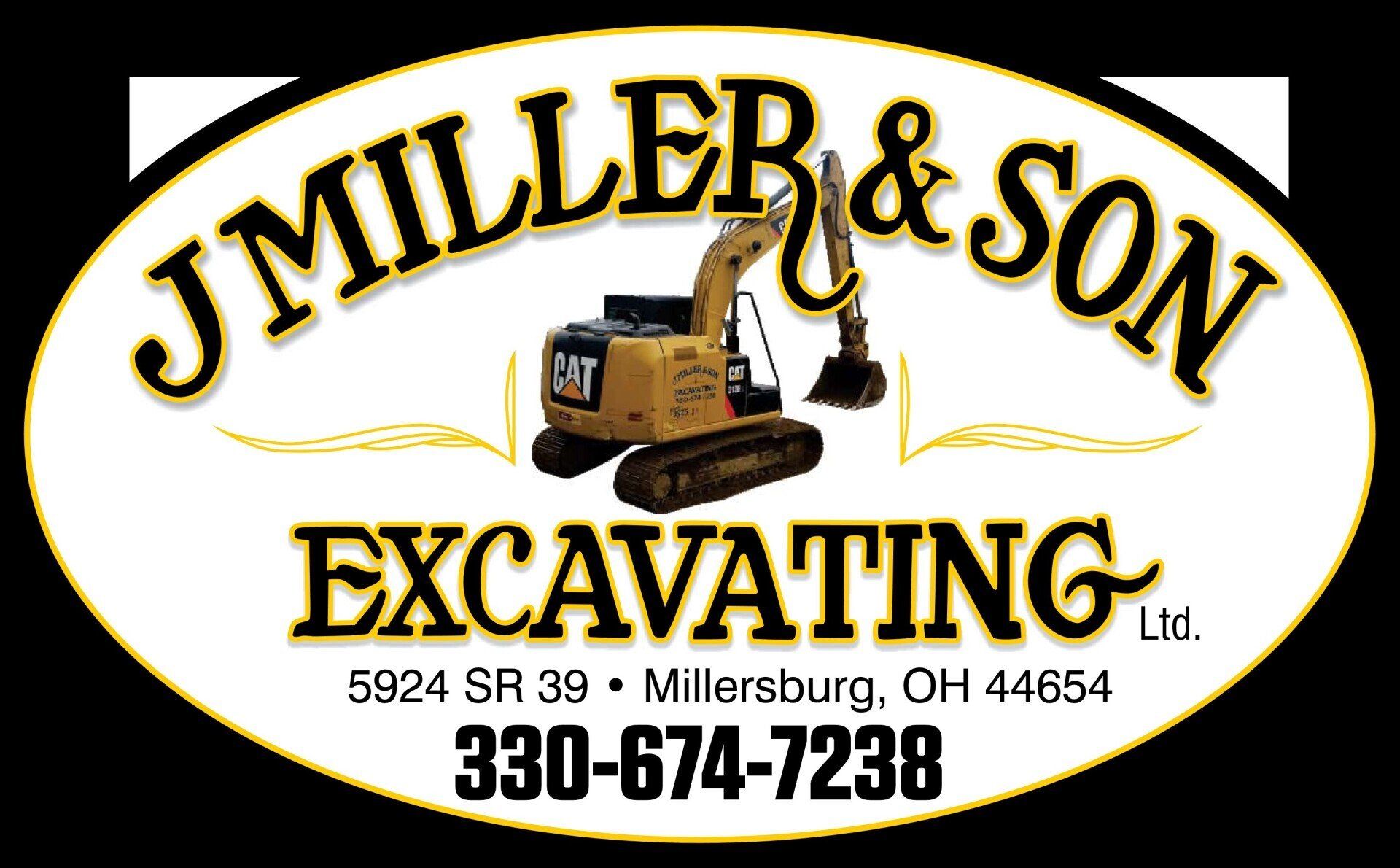 Logo for J. Miller & Son Excavating: Yellow excavator, text, and contact information on an oval background.
