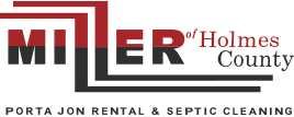 Logo for Miller of Holmes County: Porta Jon Rental & Septic Cleaning; red and black text, black outline.