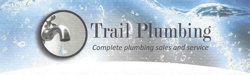 Logo for Trail Plumbing, faucet in circle, text over blue water background.