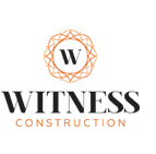 Witness Construction logo with an orange floral design above the text. The logo has the letter