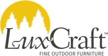 Logo for LuxCraft fine outdoor furniture featuring a yellow sun with white tree silhouettes and the brand name in dark grey.