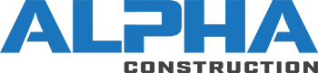 Logo for Alpha Construction, blue text, the word
