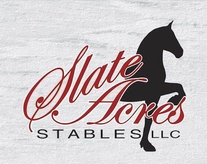 Slate Acres Stables logo. Silhouette of rearing horse with scripted
