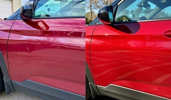 Before and after photos of a red car door, showing the successful removal of a scratch from the vehicle's paint.