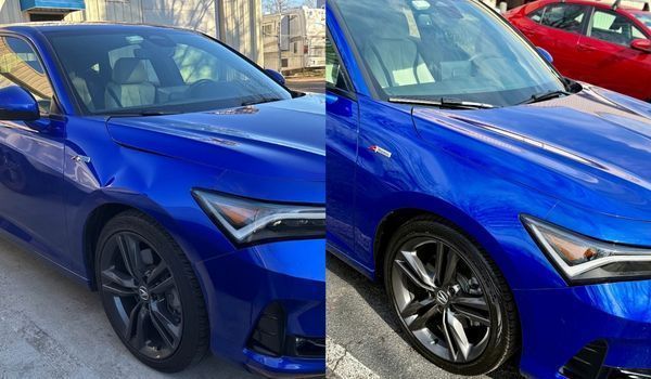 A split-screen view showing the same blue Acura Integra before and after wheel customization, highlighting the new rims.