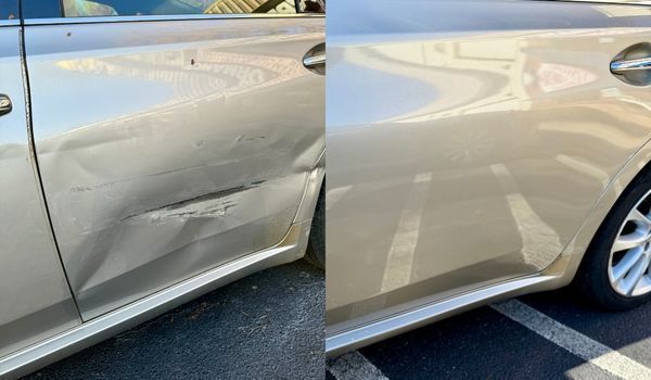 Before-and-after photos of a tan car door showing a deep dent repaired to a smooth, unblemished finish.