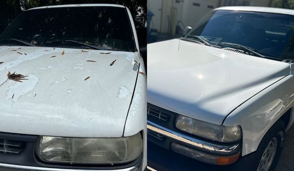 Before and after comparison of a white pickup truck, showing a weathered, leaf-covered hood restored to a clean finish.