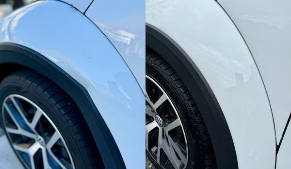 Split-screen comparison of a car's wheel arch before and after a cosmetic repair to remove a scratch from the paint.