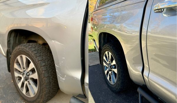 A side-by-side comparison of a truck's rear fender, showing damage on the left and a smooth repair on the right.